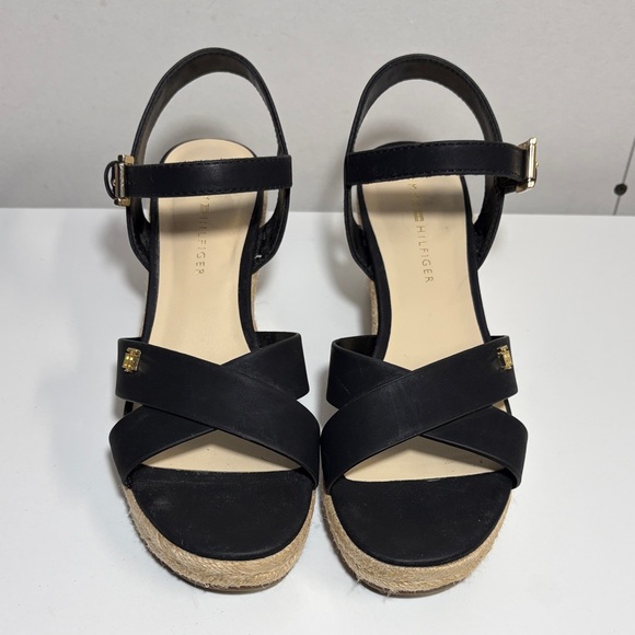 Tommy Hilfiger Black and Tan Wedge Sandals - Picture 2 of 8